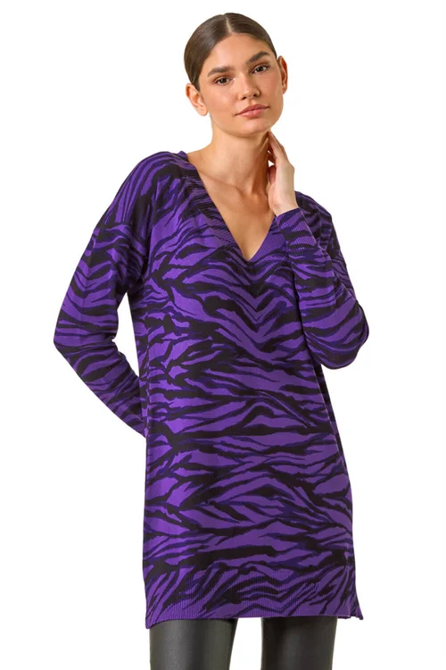 Roman Purple Animal Print V-Neck Jumper - 10 Image 1