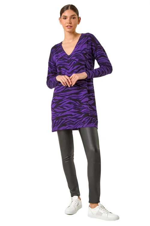 Roman Purple Animal Print V-Neck Jumper - 10 Image 2
