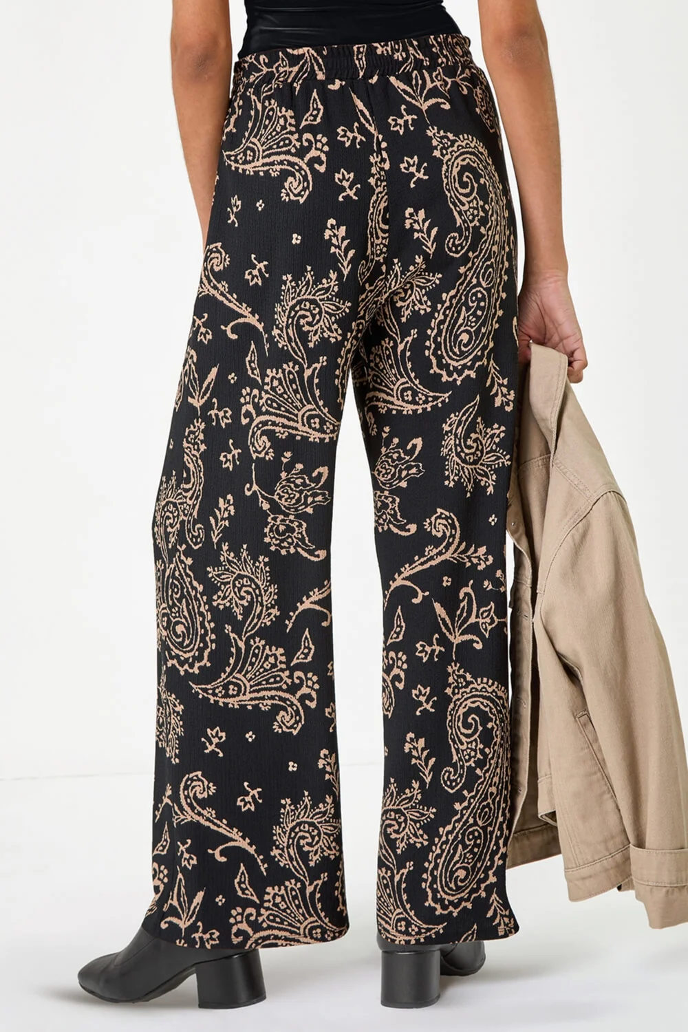 Roman Black Paisley Print Textured Jersey Trousers - 10 Image 4