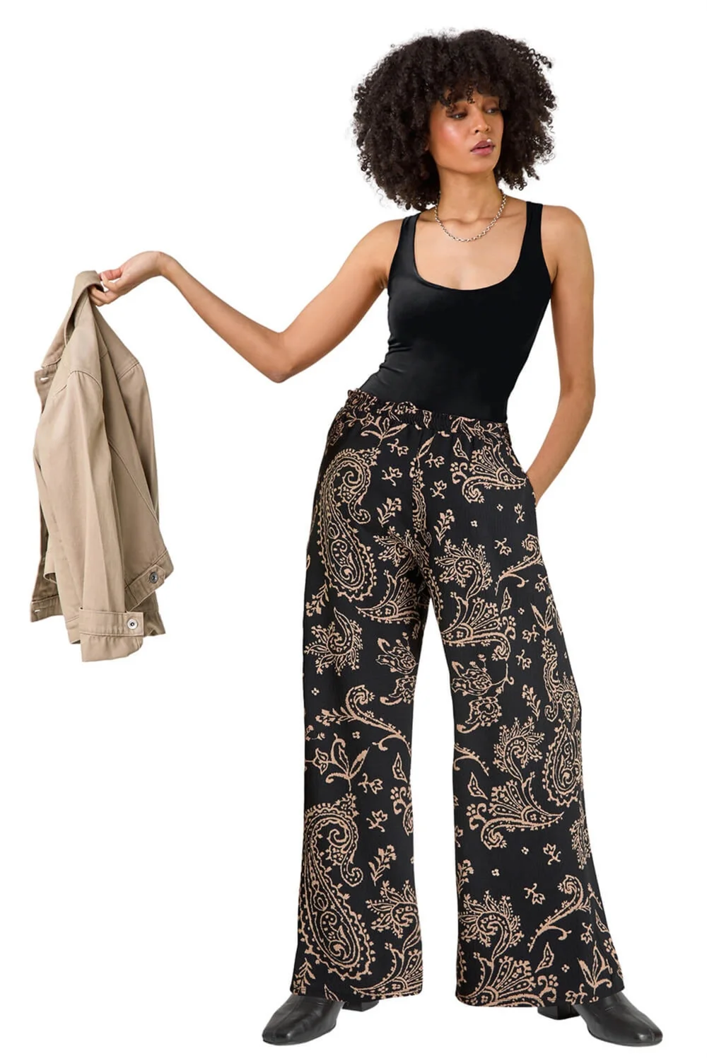 Roman Black Paisley Print Textured Jersey Trousers - 10 Image 2