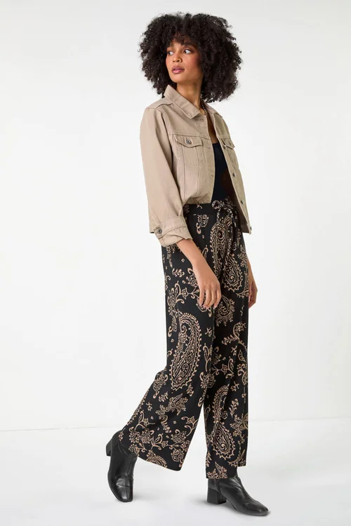 Roman Black Paisley Print Textured Jersey Trousers - 10 Image 3