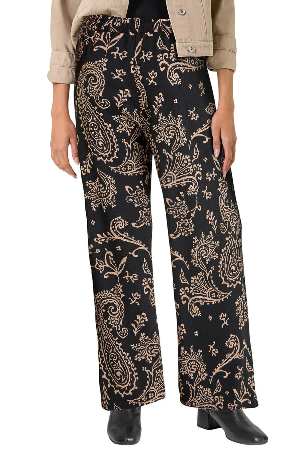 Roman Black Paisley Print Textured Jersey Trousers - 10 Image 1