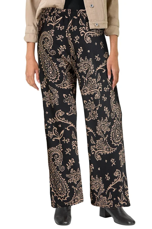 Roman Black Paisley Print Textured Jersey Trousers - 10 Image 1