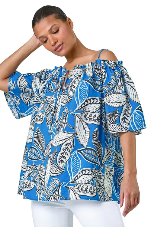 Roman Blue Leaf Print Cold Shoulder Bardot Top - Size 20 Image 1