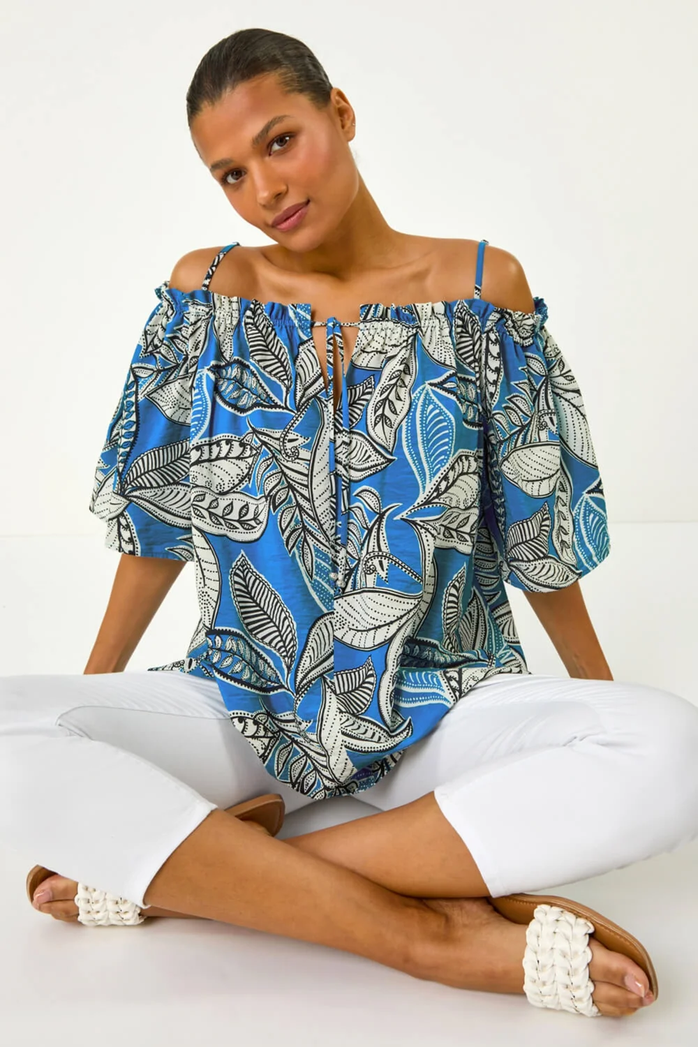 Roman Blue Leaf Print Cold Shoulder Bardot Top - Size 20 Image 3