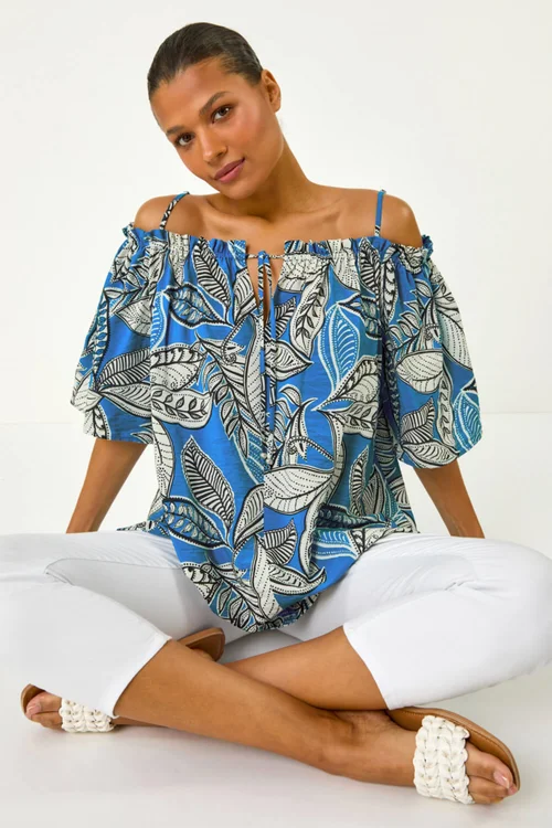 Roman Blue Leaf Print Cold Shoulder Bardot Top - Size 20 Image 3