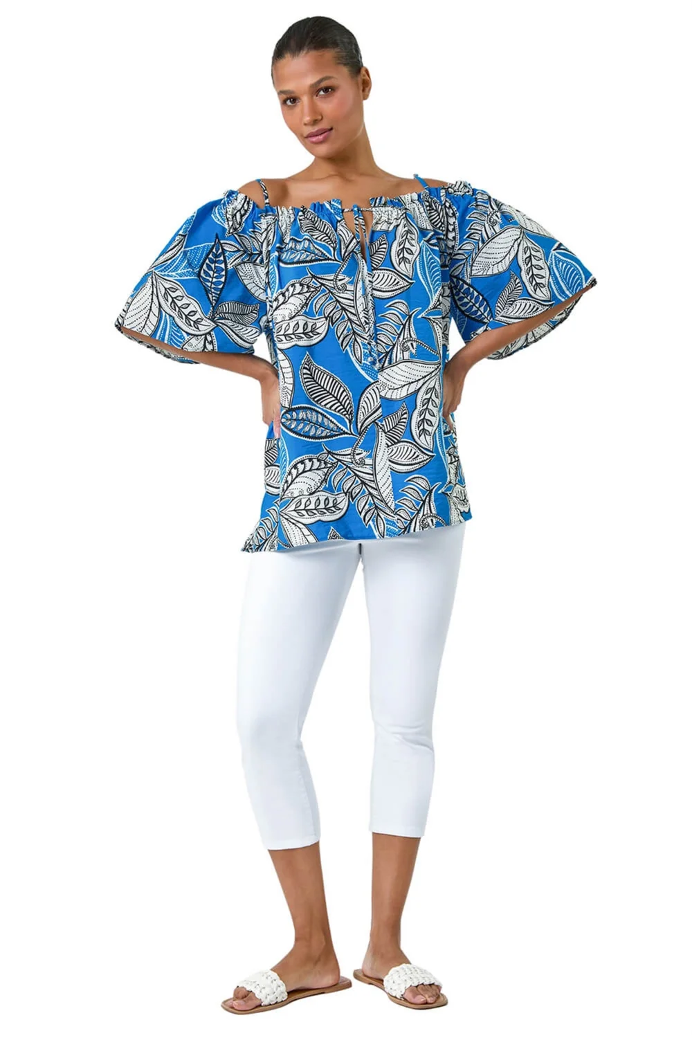 Roman Blue Leaf Print Cold Shoulder Bardot Top - Size 20 Image 2