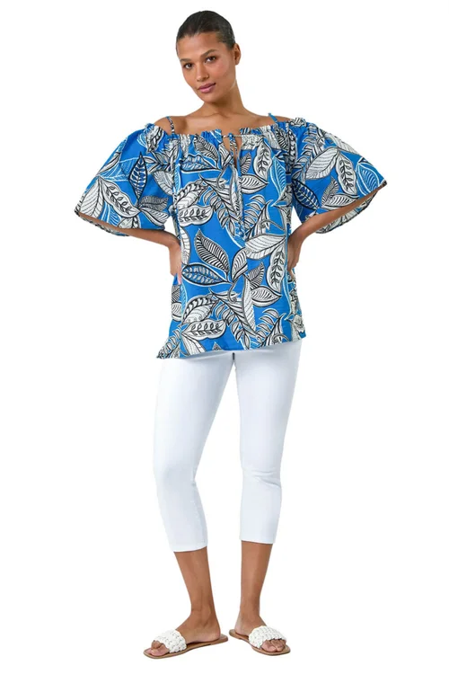 Roman Blue Leaf Print Cold Shoulder Bardot Top - Size 20 Image 2
