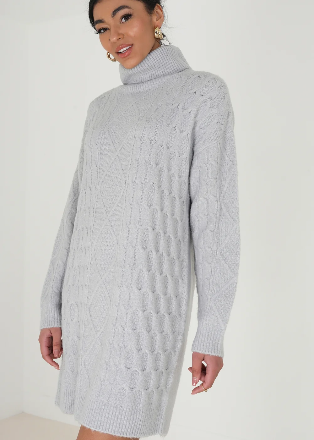 Brave Soul Grey Roll Neck Cable Knit Jumper Dress - XS Image 1