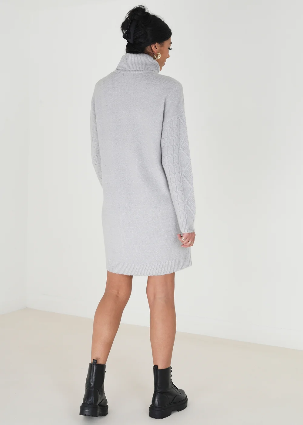 Brave Soul Grey Roll Neck Cable Knit Jumper Dress - XS Image 2