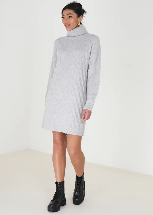 Brave Soul Grey Roll Neck Cable Knit Jumper Dress - XS Image 3