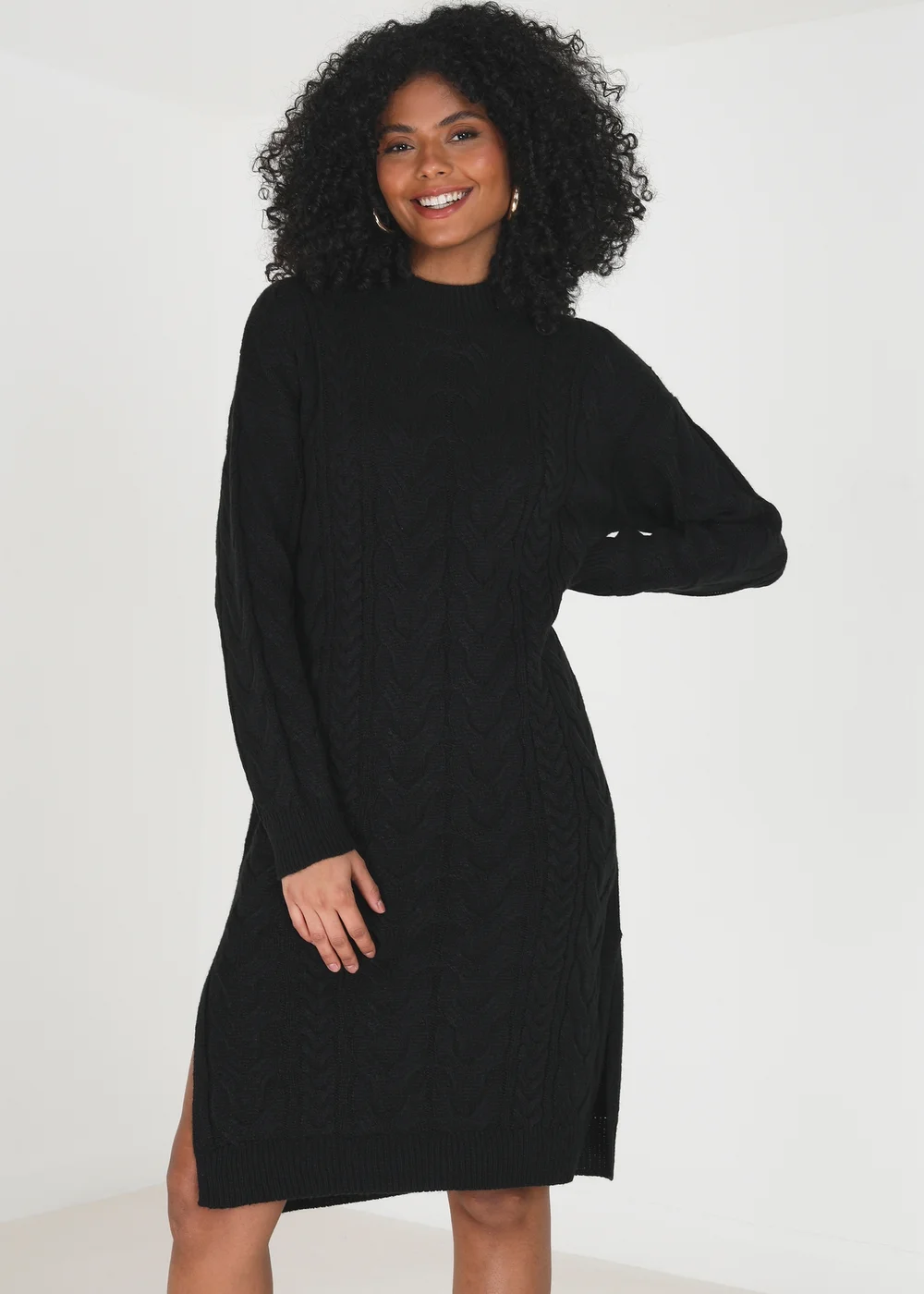Brave Soul Black Longline Cable Knit Jumper Dress - S | Matalan Brave Soul Black Longline Cable Knit Jumper Dress - S | Matalan