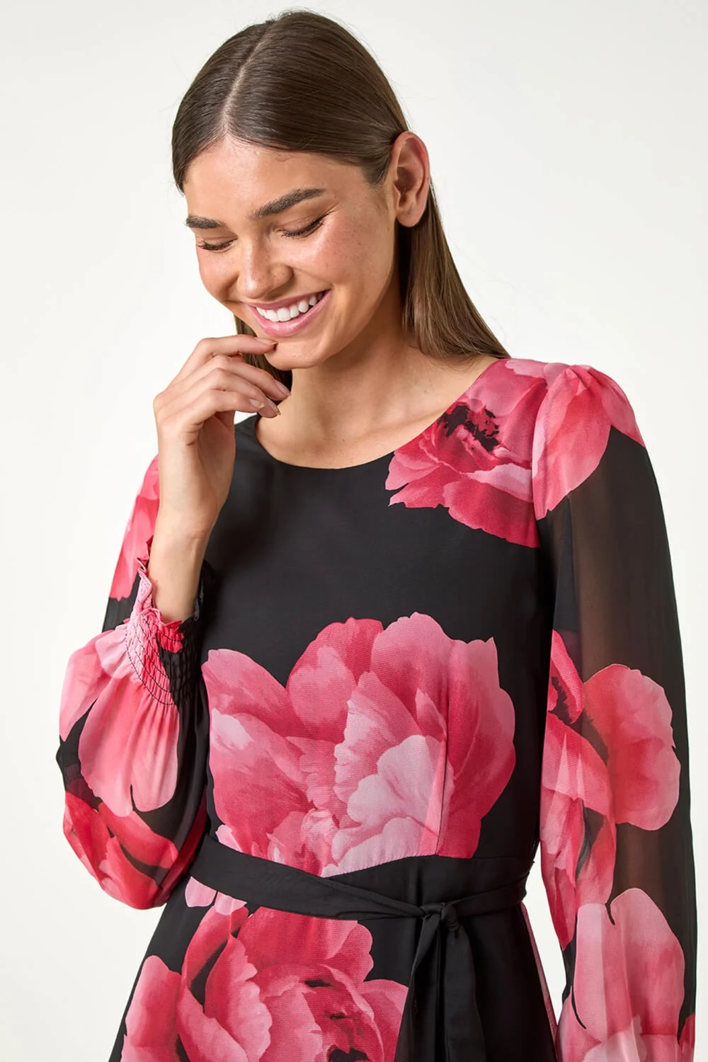 Roman Pink Floral Chiffon Tie Midi Dress - 10 Image 4
