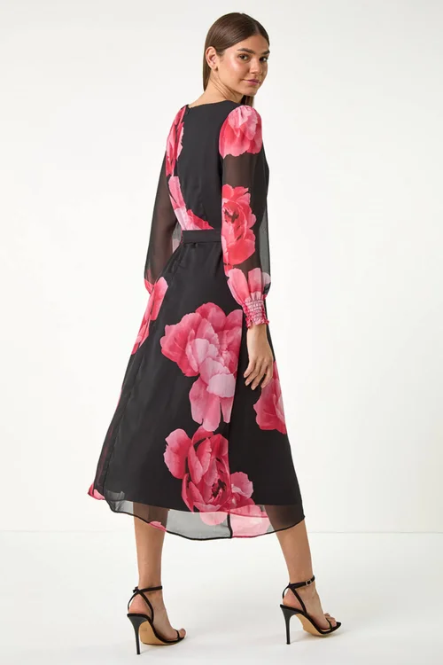 Roman Pink Floral Chiffon Tie Midi Dress - 10 Image 3
