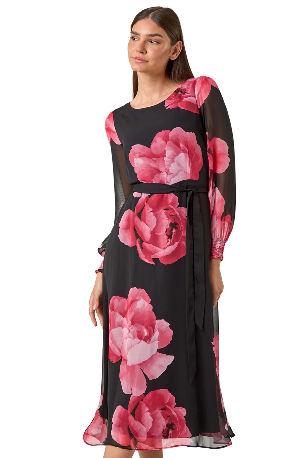Roman Pink Floral Chiffon Tie Midi Dress - 10 Image 1