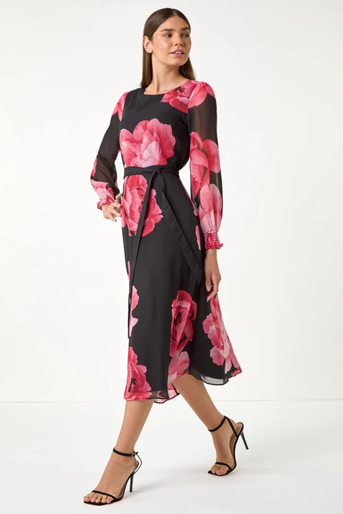 Roman Pink Floral Chiffon Tie Midi Dress - 10 Image 2