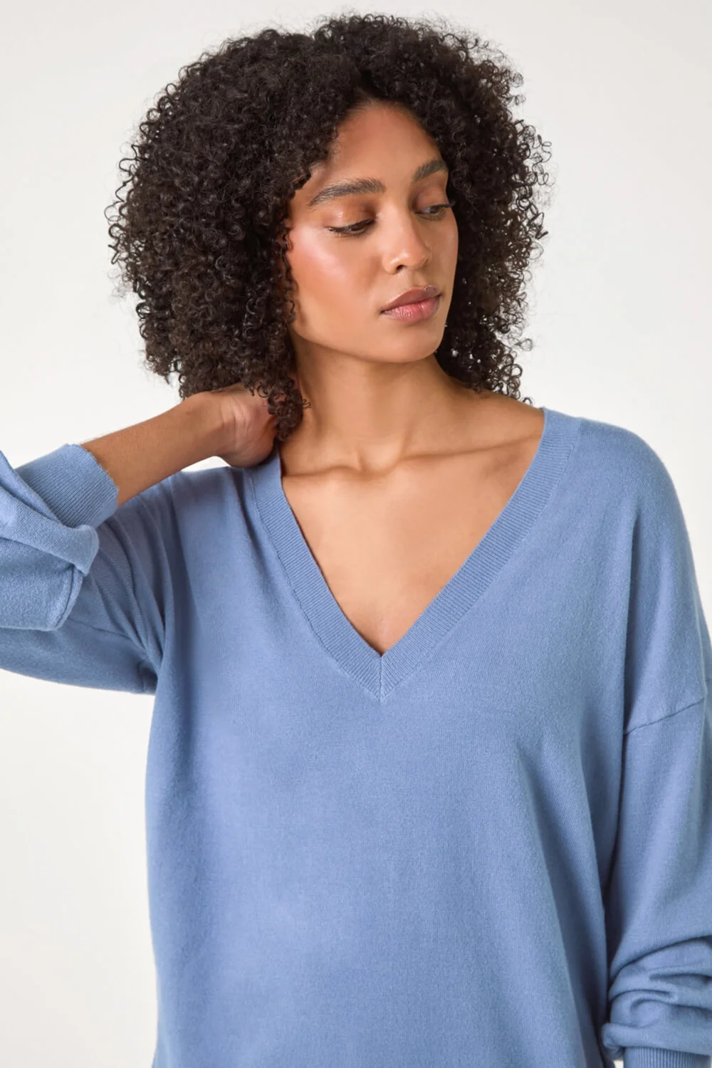 Roman Denim Plain V-Neck Stretch Longline Jumper - 10 Image 4