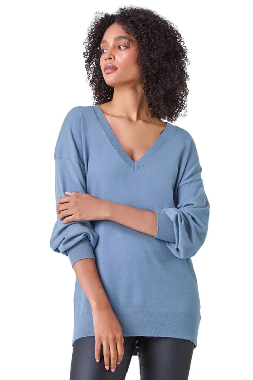 Roman Denim Plain V-Neck Stretch Longline Jumper - 10 Image 1