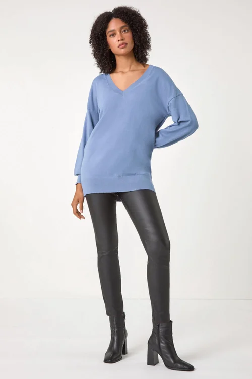 Roman Denim Plain V-Neck Stretch Longline Jumper - 10 Image 2