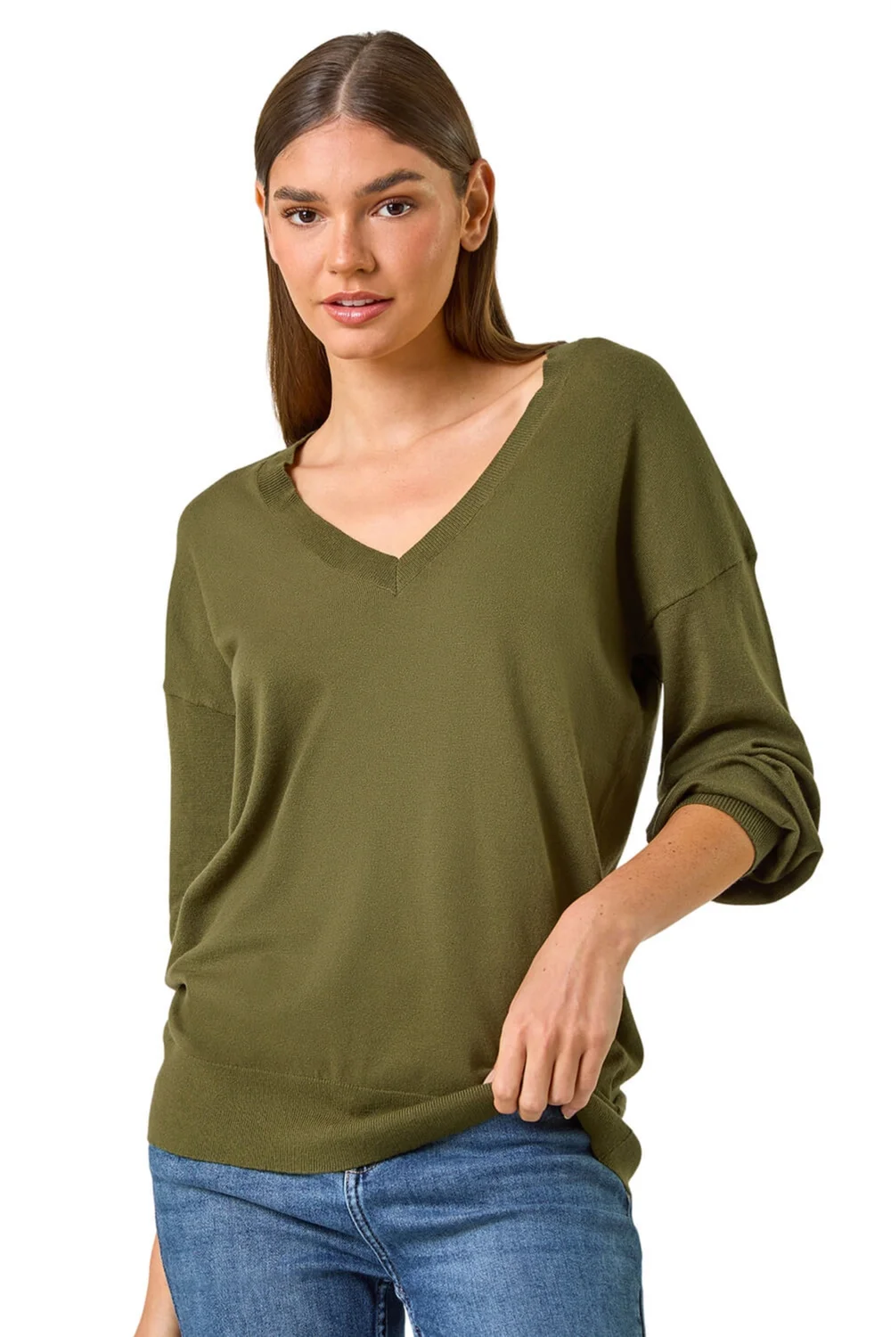 Roman Khaki Plain V-Neck Stretch Longline Jumper - Size 16 Image 1