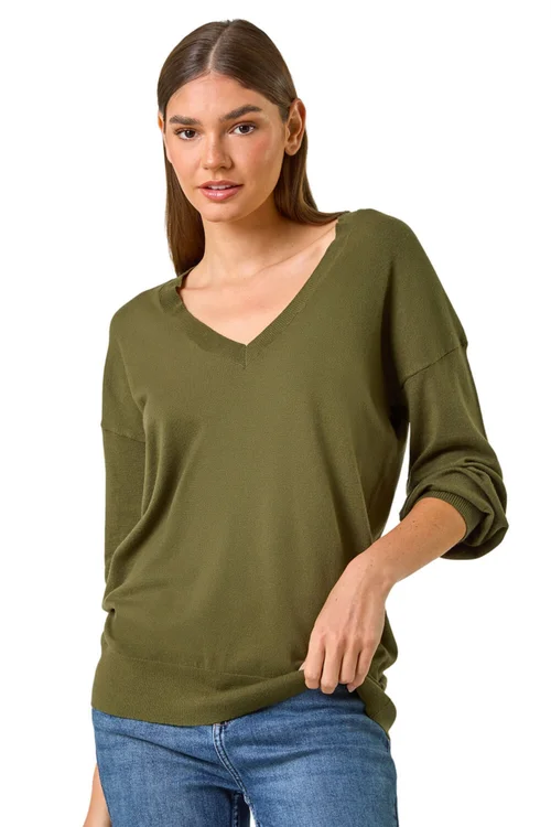 Roman Khaki Plain V-Neck Stretch Longline Jumper - Size 16 Image 1
