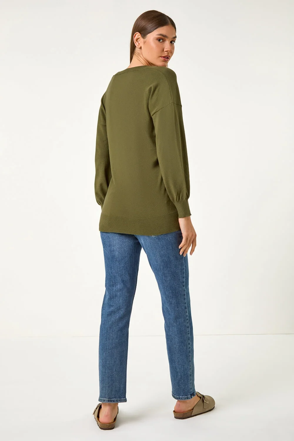 Roman Khaki Plain V-Neck Stretch Longline Jumper - Size 16 Image 3