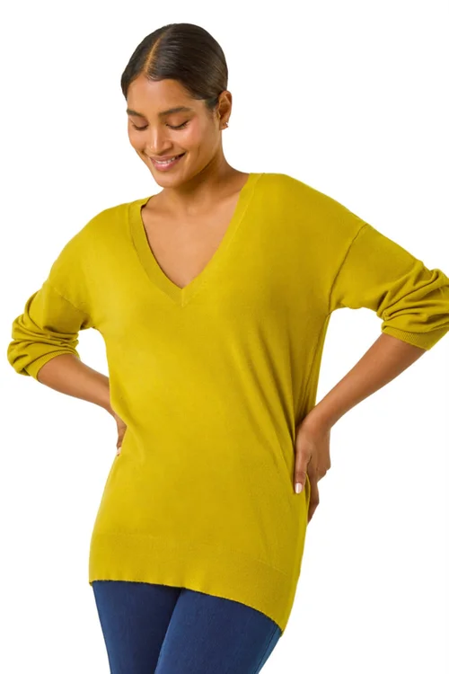 Roman Lime Plain V-Neck Stretch Longline Jumper - 10 Image 1