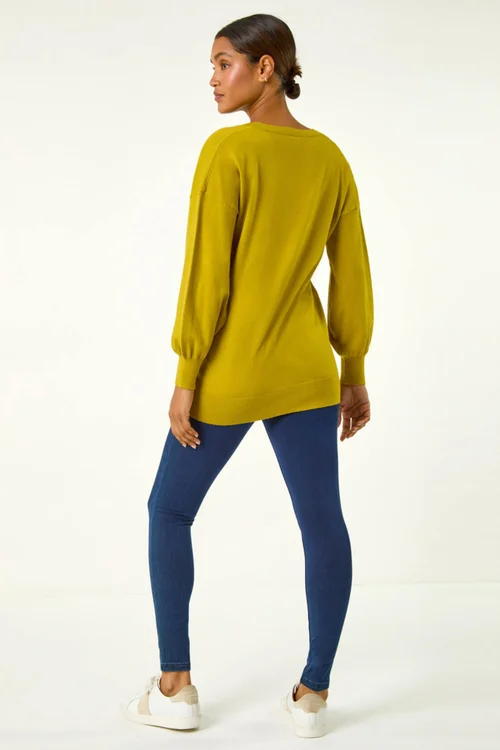 Roman Lime Plain V-Neck Stretch Longline Jumper - 10 Image 3