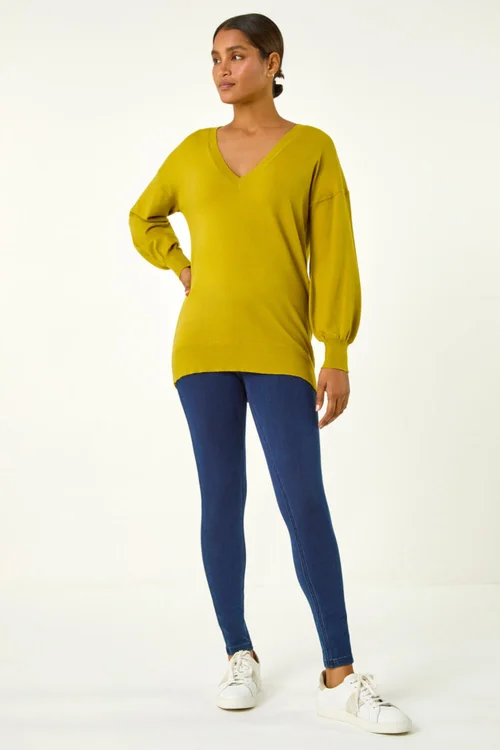 Roman Lime Plain V-Neck Stretch Longline Jumper - 10 Image 2