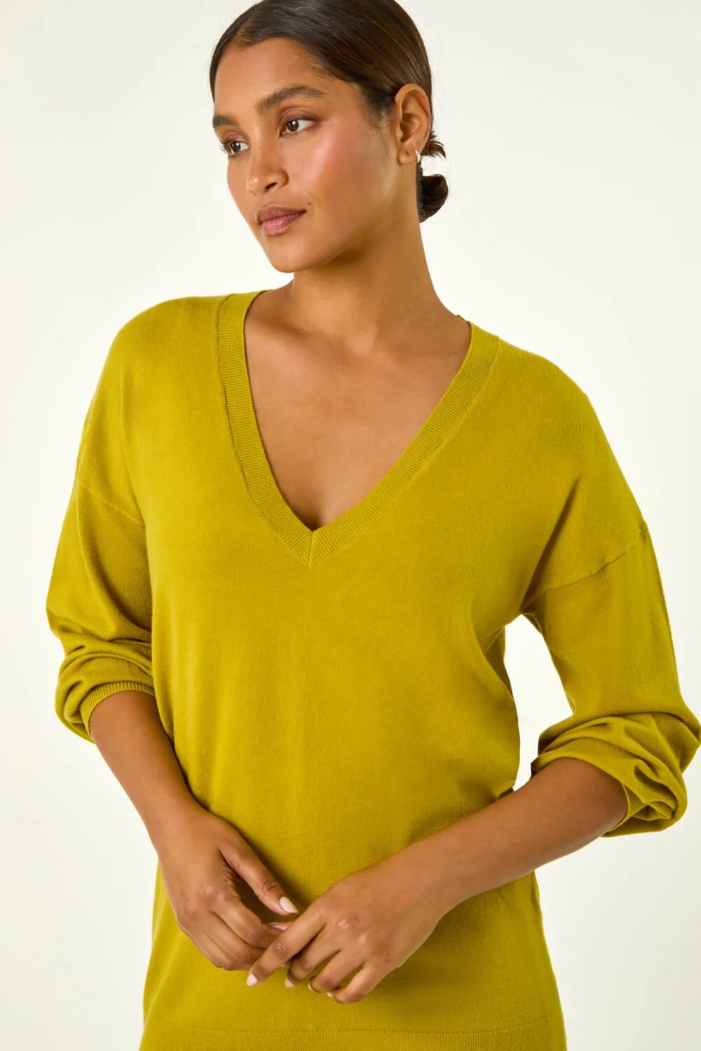 Roman Lime Plain V-Neck Stretch Longline Jumper - 10 Image 4