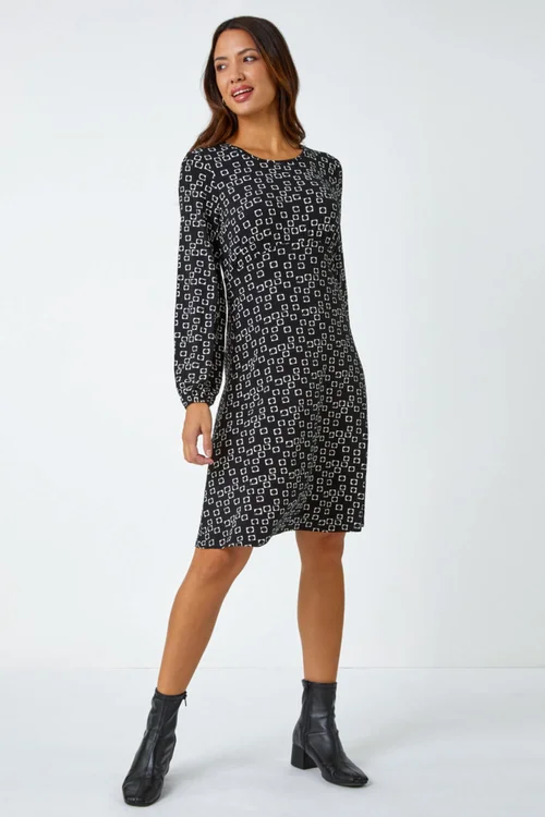 Roman Black Square Print Gathered Stretch Dress - 20 Image 2