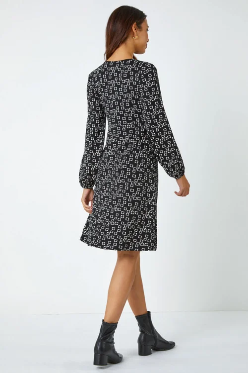 Roman Black Square Print Gathered Stretch Dress - 20 Image 3