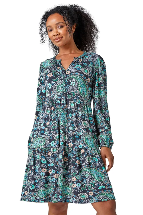 Roman Black Petite Paisley Tiered Stretch Dress - 6 Image 2