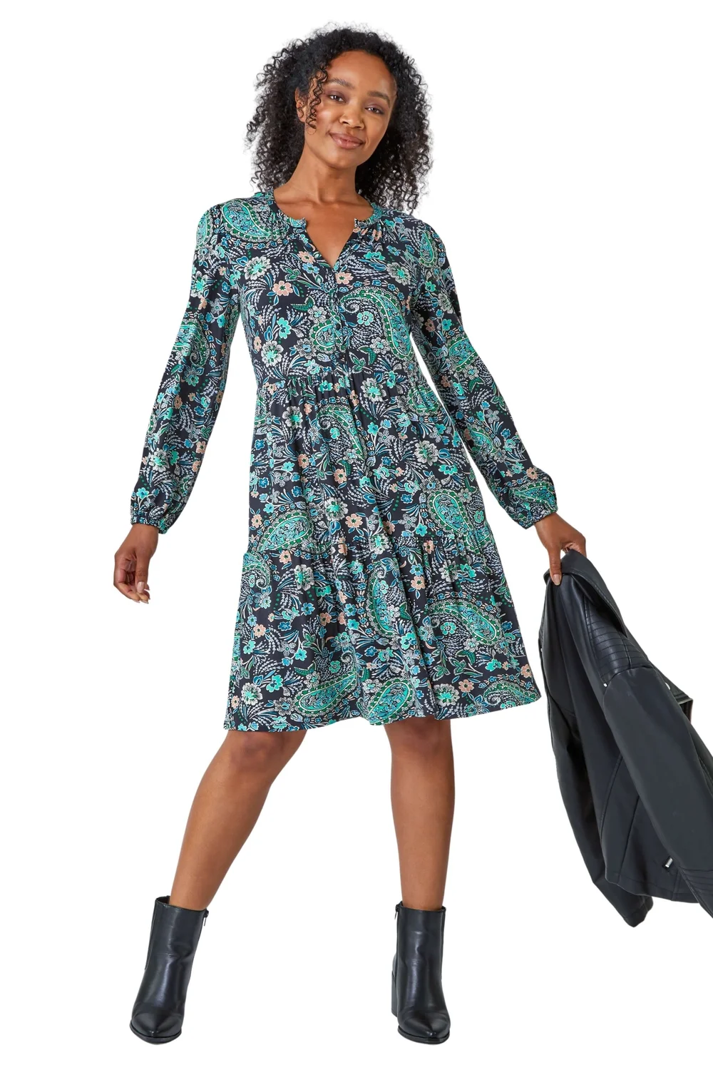Roman Black Petite Paisley Tiered Stretch Dress - 6 Image 1