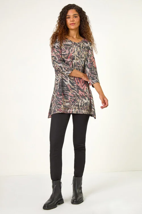 Roman Khaki Animal Print Stretch Tunic - Size 12 Image 1