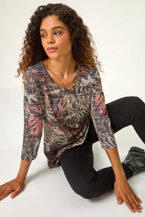 Roman Khaki Animal Print Stretch Tunic - Size 12 Image 3