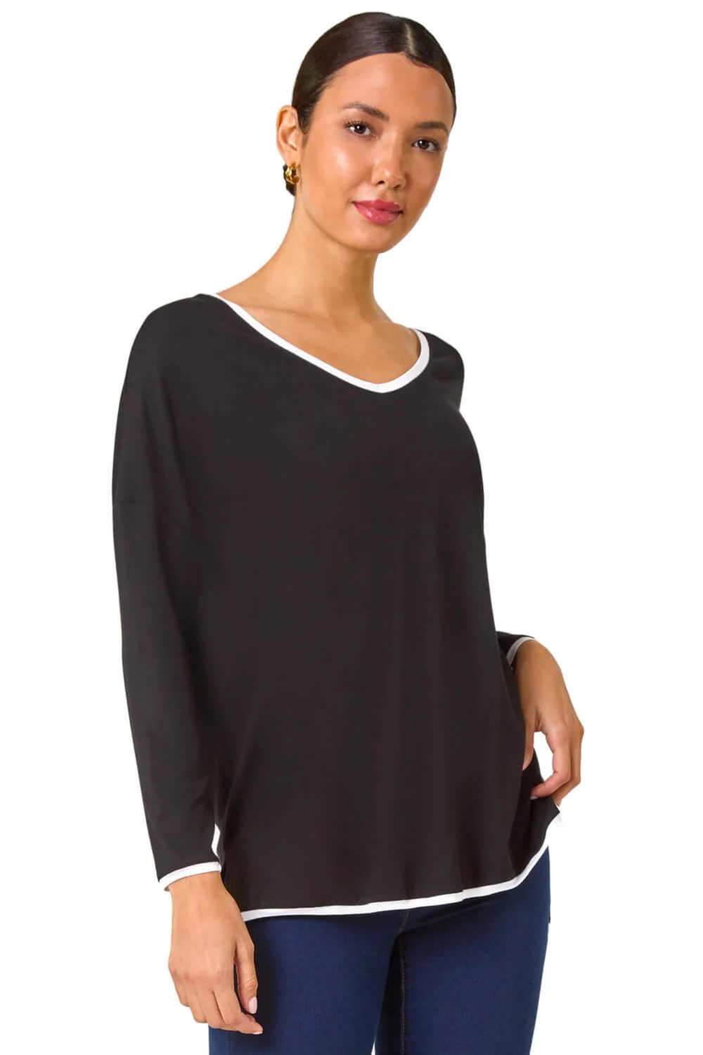 Roman Black Contrast Trim Tunic Top - Size 14 Image 1