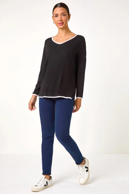 Roman Black Contrast Trim Tunic Top - Size 14 Image 2