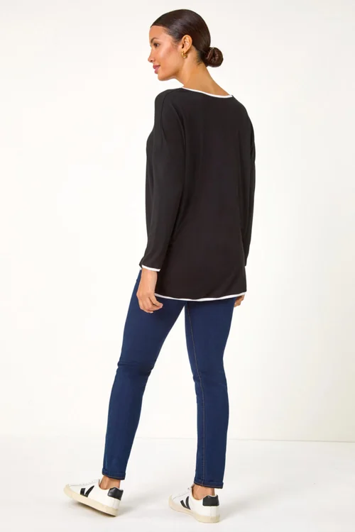 Roman Black Contrast Trim Tunic Top - Size 14 Image 3