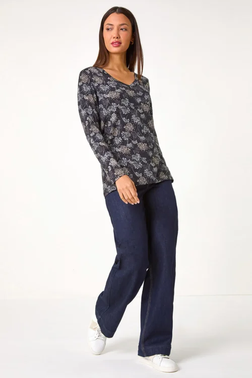 Roman Grey Floral Print Relaxed Stretch Top - 10 Image 3