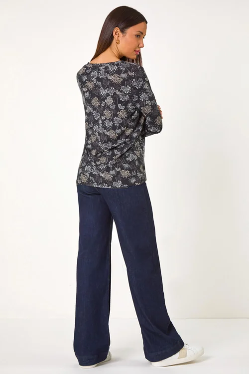 Roman Grey Floral Print Relaxed Stretch Top - 10 Image 4