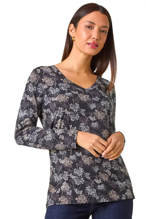 Roman Grey Floral Print Relaxed Stretch Top - 10 Image 1