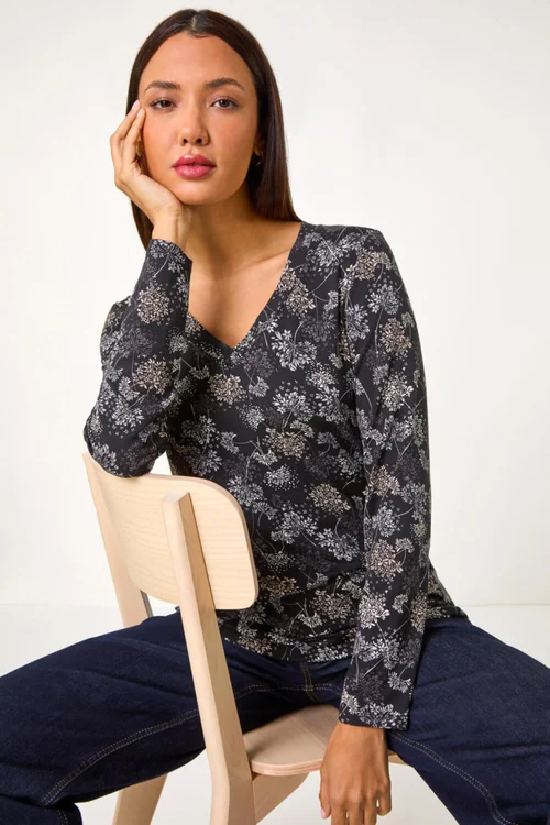Roman Grey Floral Print Relaxed Stretch Top - 10 Image 2