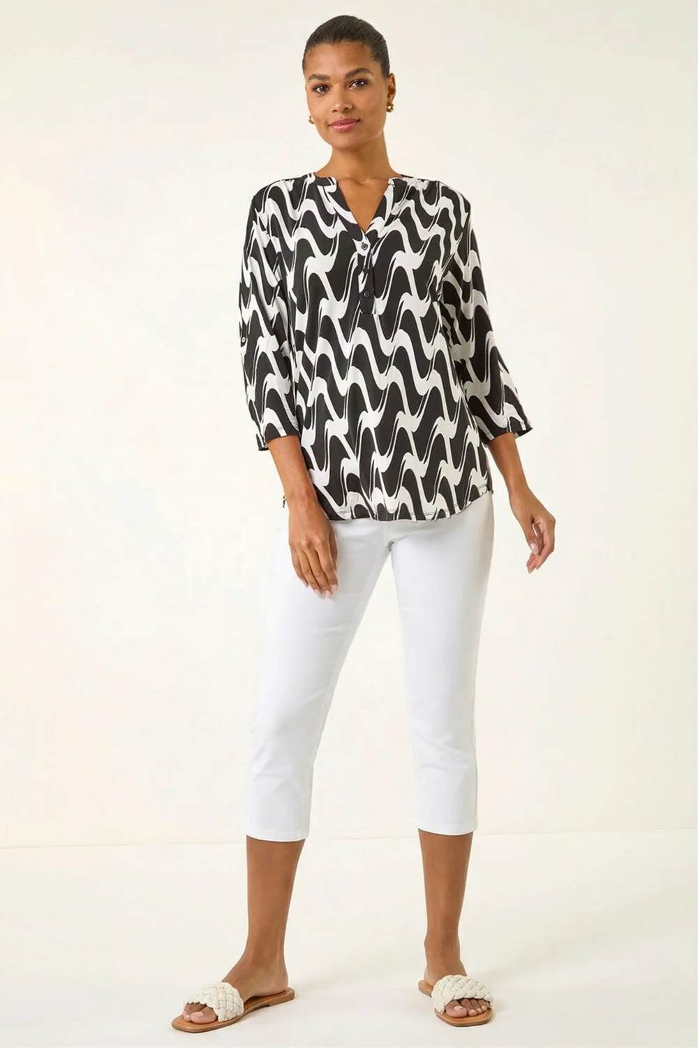 Roman Black Geometric Print Stretch Blouse - 10 Image 2