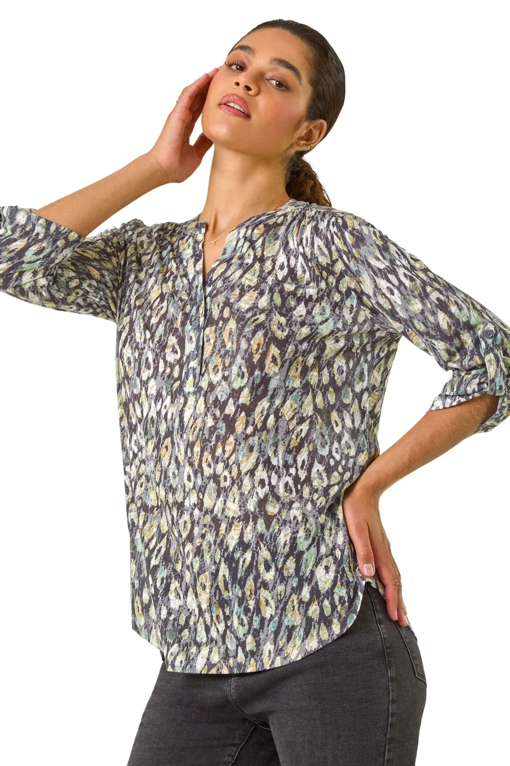 Roman Green Animal Print Stretch Burnout Top - 10 Image 2