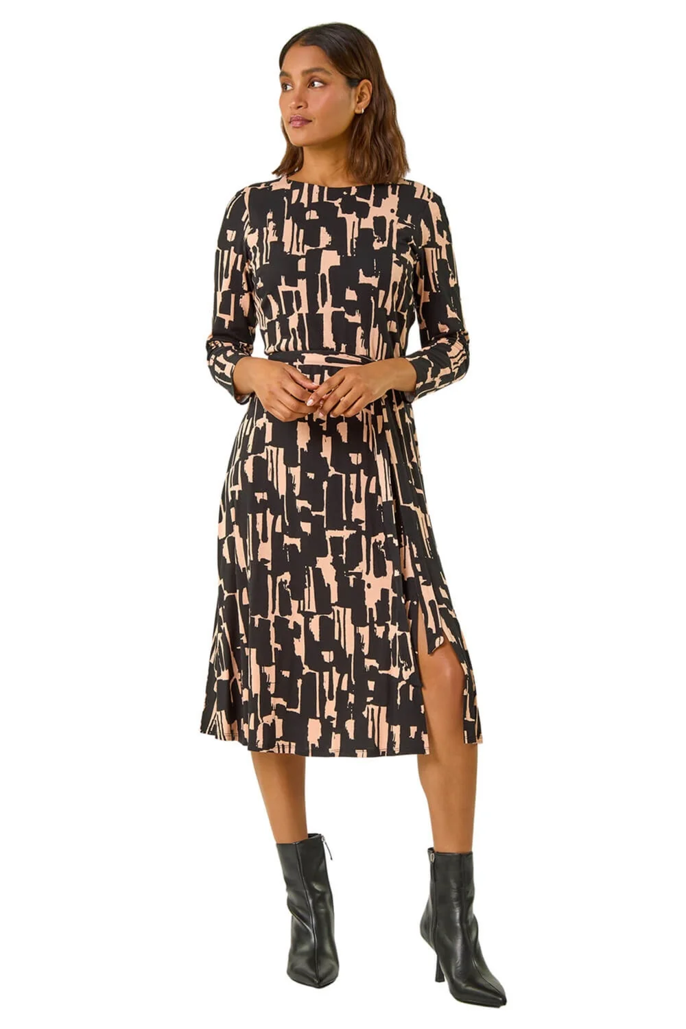 Roman Black Stretch Abstract Belted Dress - 22 Image 2