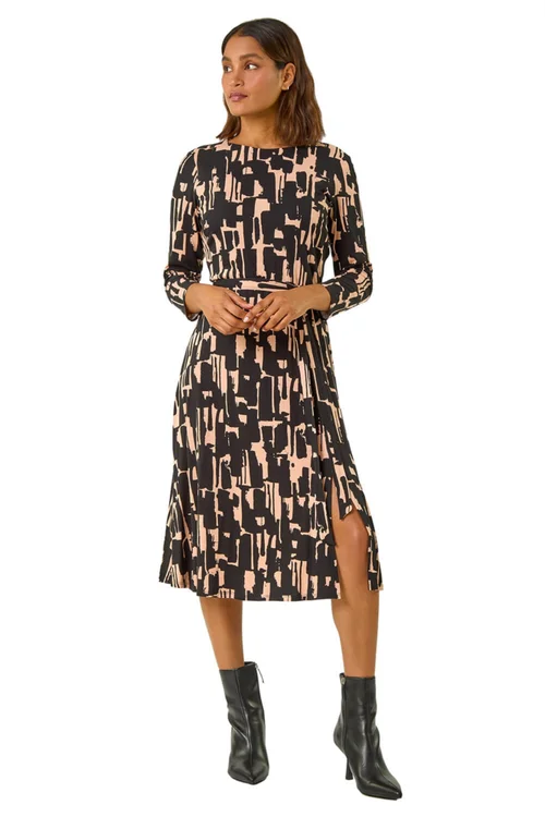 Roman Black Stretch Abstract Belted Dress - 22 Image 2