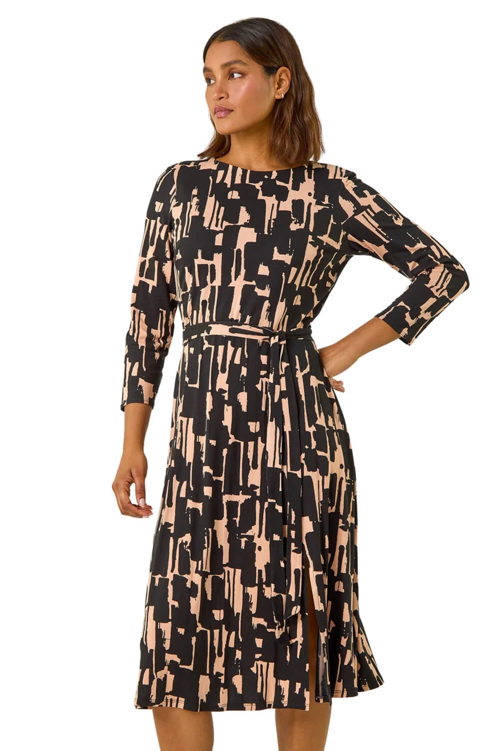 Roman Black Stretch Abstract Belted Dress - 22 Image 1