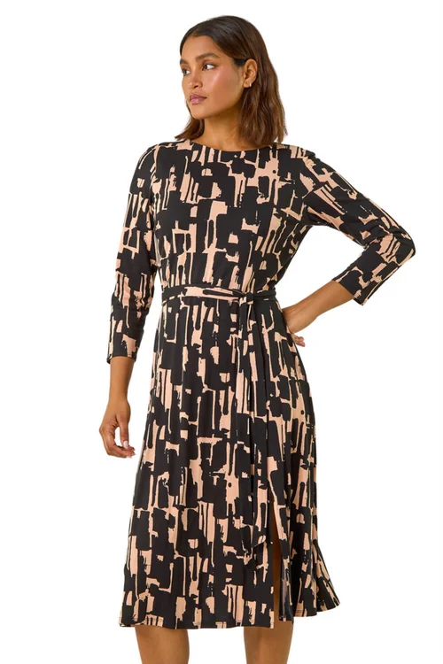Roman Black Stretch Abstract Belted Dress - 22 Image 1