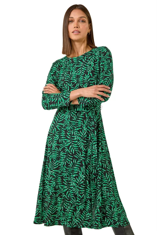 Roman Green Leaf Print Stretch Belted Dress - 10 Image 1